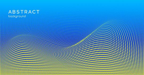 Halftone wavy abstract vector background. Blue gradient yellow dotted texture. Modern technology backdrop with copy space for text vector art illustration