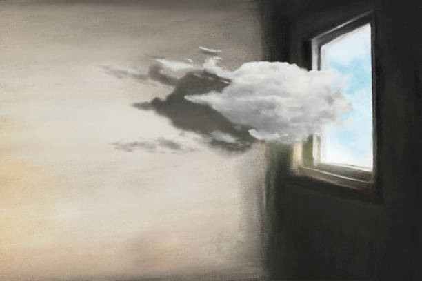surreal curious cloud enters from a window of a house vector art illustration