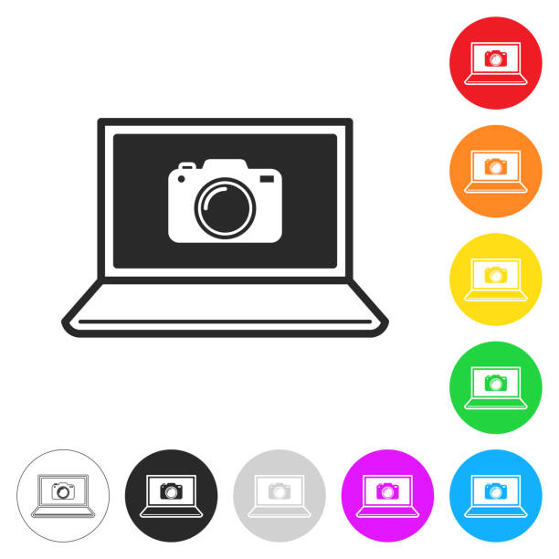 ilustrações de stock, clip art, desenhos animados e ícones de laptop with camera. icon on colorful buttons - conference call flash