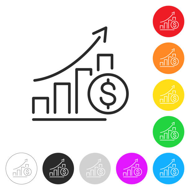 ilustraciones, imágenes clip art, dibujos animados e iconos de stock de gráfico del aumento de la tasa del dólar. icono en botones coloridos - moving up prosperity growth arrow sign
