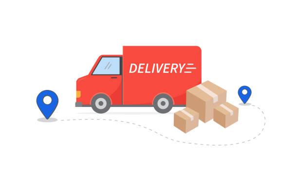 samochód dostawczy. śledzenie zamówień online. dostarczanie znaczników punktowych. koncepcja przeniesionej lokalizacji z pinezką. ilustracja wektorowa. - packaging freight transportation box moving office stock illustrations