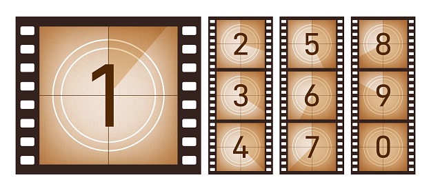 Movie countdown. Cinema screen old film, abstract numbers frames for start or finish tape. Tv strip, retro hollywood cinematography, animation exact vector concept. Screen countdown film