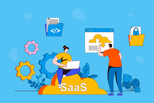SaaS web concept in flat 2d design. Woman works on laptop and uses subscription-based programs. Man using software and cloud storage. Software as a service. Vector illustration with people scene