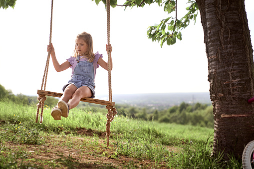 Cute little girl swinging in summer day