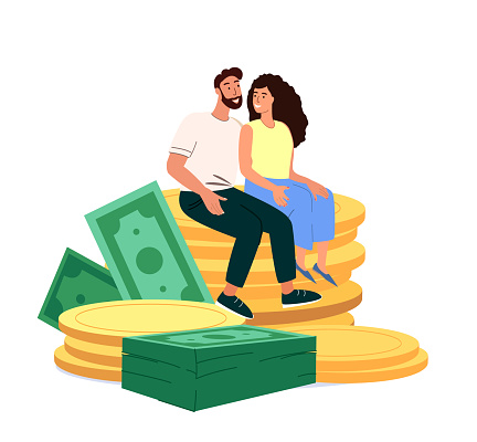 Happy Young Male,Female Characters Sitting on Huge Pile of Golden Coins.Concept of Financial Wealth,Pension Savings,Wealthy Retirement,Joyful Family.Financial Stability People Vector Illustration