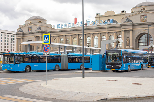 Moscow, Russia - June 15, 2022: Charging station for electric buses, city transport of the capital recharging the battery