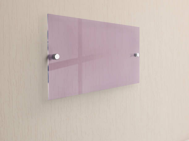 istock Blank pink transparent rectangle glass office corporate on white background Signage plate Mock Up Template, Clear Printing board for branding, logo. Acrylic advertising signboard mockup side view. 1404362283