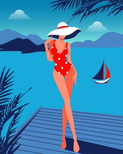 ilustrações de stock, clip art, desenhos animados e ícones de vector illustration blue color palette vacation summer tourist tropical ocean seascape scenic background girl in a hat posing on the background of the yacht sailboat landscape of the ocean and mountains - infinity pool getting away from it all relaxation happiness