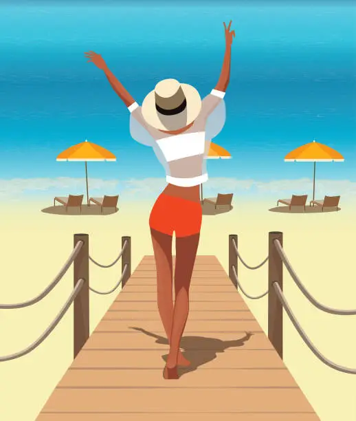 Vector illustration of The girl walks along the pier to the ocean