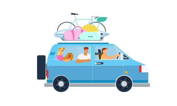People, friends or family with a dog going on road trip in a car with luggage on the roof, summer vacations concept. Flat vector illustration isolated on white background People, friends or family with a dog going on road trip in a car with luggage on the roof, summer vacations concept. Flat vector illustration isolated on white background family vacation car stock illustrations