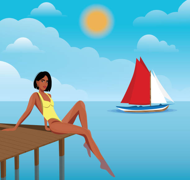 ilustrações de stock, clip art, desenhos animados e ícones de the girl sits on the pier against the backdrop of a sailing boat - infinity pool getting away from it all relaxation happiness