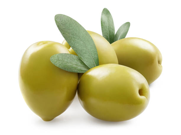 istock Delicious green olives with leaves on white 1404364516