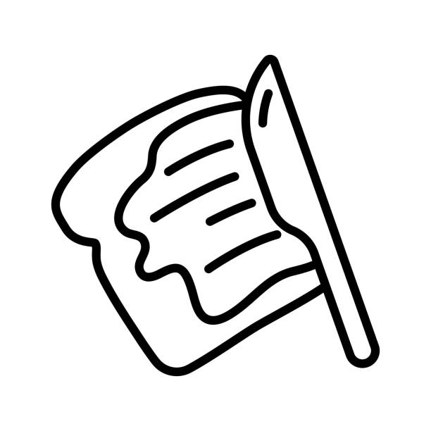 Bread with butter icon. French-toast icon in outline. Bread with butter icon. Slice of buttered bread and knife. French-toast icon in outline. spreading cheese stock illustrations