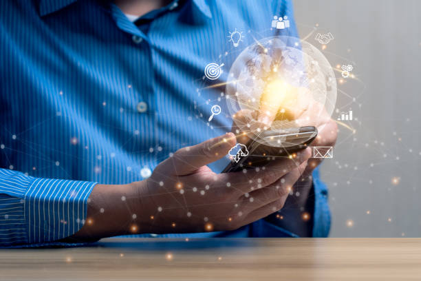 istock Businessman using smart phone. Global business internet connection application technology and digital marketing. Digital Link Technology Big Data Finance and Banking business concept 1404367554