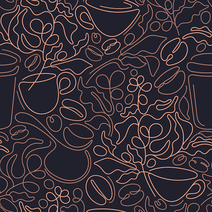 Coffee cup, beans. Line print. Vector abstract illustration. Texture background for cafe design. Aroma breakfast with espresso, americano