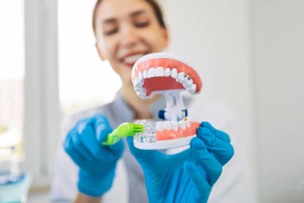 istock Female dentist showing teeth model explaining toothbrush dental hygiene 1404370680