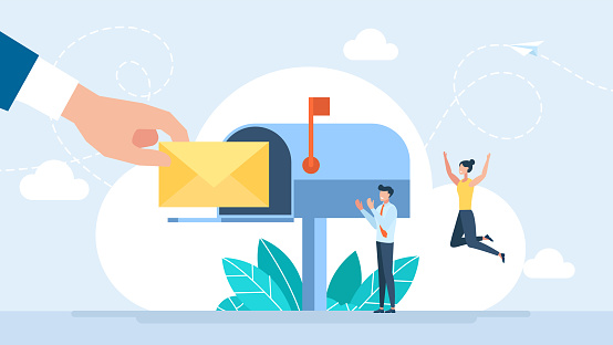 Mailbox with letter in envelope. Letterbox. Business correspondence, subscription. Inbox mail and mailbox. Tiny people are happy to receive the letter. Open post box. Flat design. Vector illustration