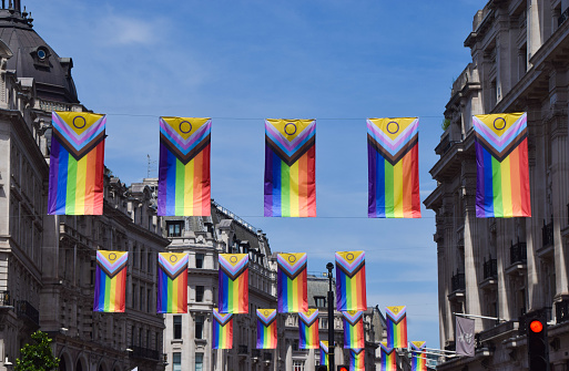 London, UK - June 21 2022: Pride flags decorate Regent Street for Pride Month.