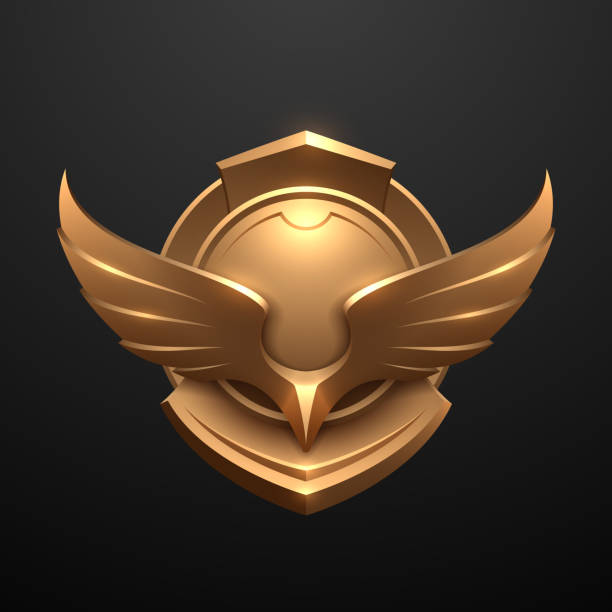 Golden badge with wings on black background Golden badge with wings on black background in vector hunting trophy stock illustrations