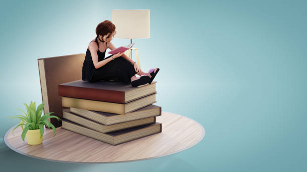 istock 3d illustration. Woman reading a book while sitting on stack of books. 3D render 1404373427