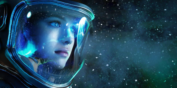 istock 3d illustration. Female astronaut in space. 3D Render 1404373440