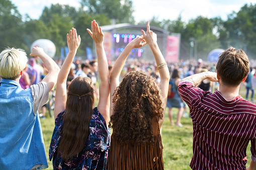 Back view of group of young friends having fun on music festival