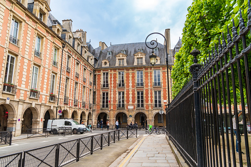 Paris, France - April 24, 2022: view of the facade of Victor Hugo's house in Place des Vosges