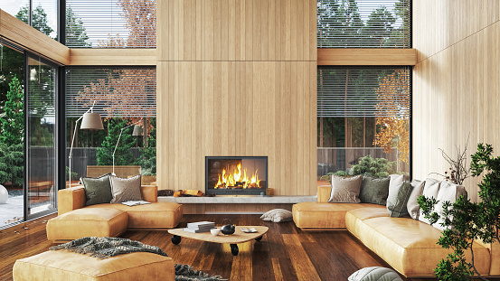Modern interior with fireplace in house near forest, 3d render