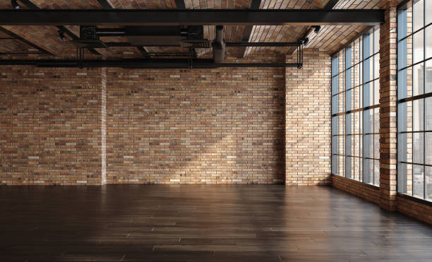 apartamento loft vacío, estilo industrial - brick fotografías e imágenes de stock