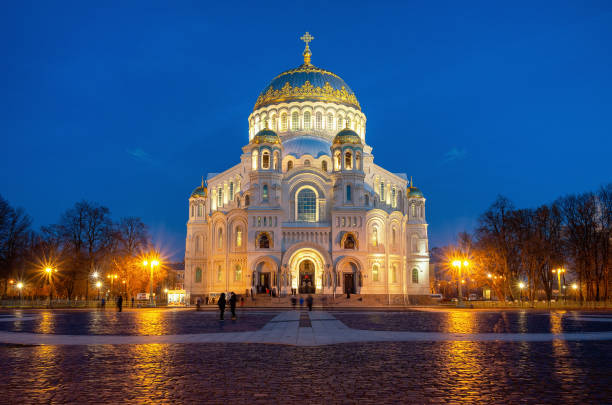 Kronstadt at night. Marine Cathedral of St. Nicholas the Wonderworker. stock photo