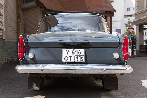 Kazan, Russia - May 6, 2022: Rear view of Moskvitch 412 1968 release, close up outdoor photo