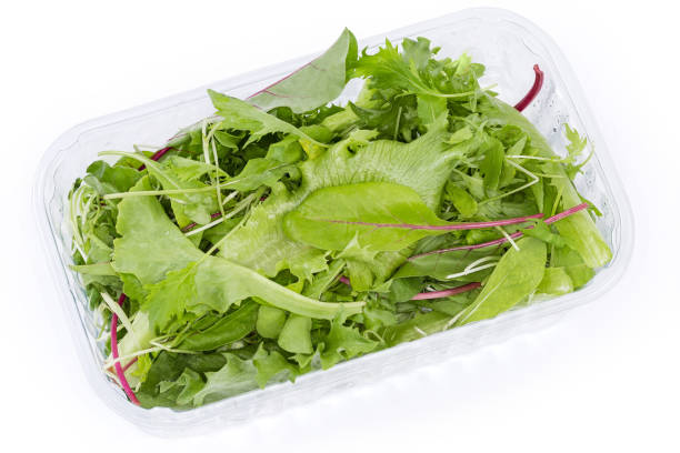 istock Mix of fresh greens in plastic container on white background 1404378205