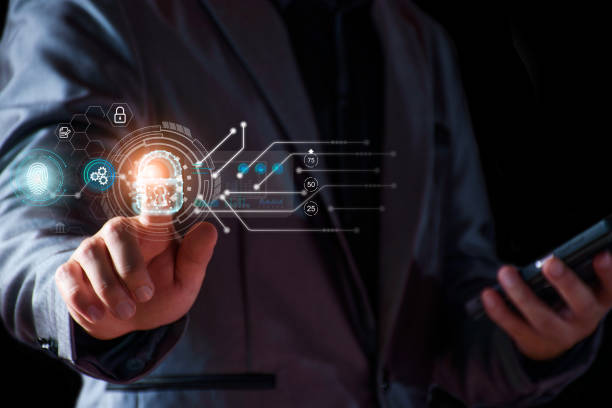 istock Cyber security concept. Businessman login access business sensitive information, data security, secure company internet network, hack protection, fingerprint scanner, cyber space, business security 1404378442