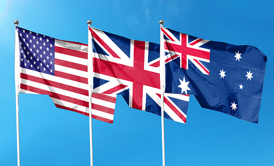USA and UK vs Australia Waving Flags with Textured Background