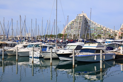 Marina and harbor of famous centrally planned resort town La Grande-Motte in Occitanie region of France.