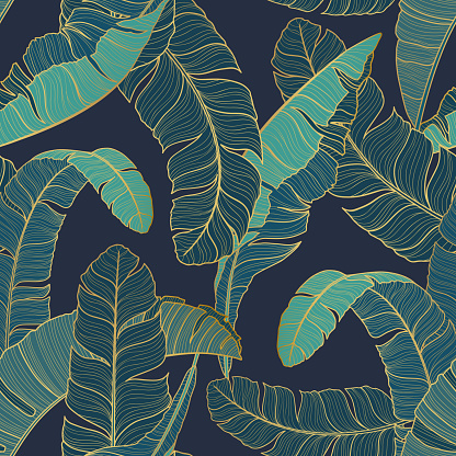 Luxury Seamless pattern with gold and green tropic leaves. Vector illustration. Summer background