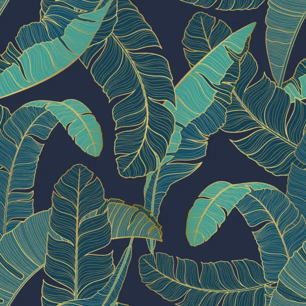 Vector illustration of Luxury Seamless pattern with gold and green tropic leaves. Vector illustration. Summer background