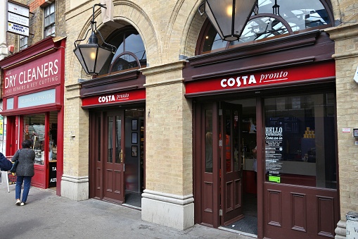Costa Coffee London, UK. Costa Coffee has 1,700 stores in 28 countries. 1,375 cafes in the UK attract 4m customers a week.
