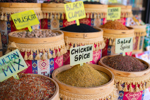 Bags of Indian red chilli powder among other spices and herbs in a shop in Empress Market in Karachi, Pakistan. Buit in 1889 to commemorate the assertion of Queen Victoria, Empress of India hence named Empress Market after her. Situatied in Saddar Town, the heart of old city, it's amongst most popular and busy places for shopping.