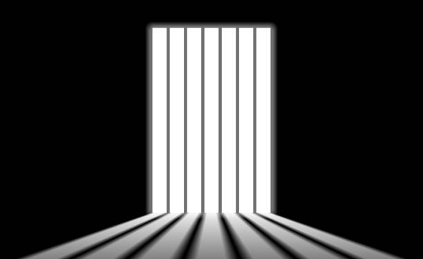 istock Vector illustration of prison bars door on dark wall. Realistic prison room door background. Jail door with bars. Jail break. 1404382608