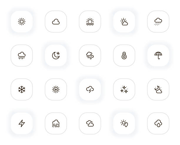 날씨 및 기후 라인 아이콘 세트. 태양, 구름, 비, 달, 바람, 폭풍, 우산, 눈, 별. 웹 및 ui, ux 모바일 앱 디자인을위한 벡터 개요 픽토그램. 편집 가능한 스트로크. 24x24 픽셀 완벽한. - thunderstorm rain sun lightning stock illustrations
