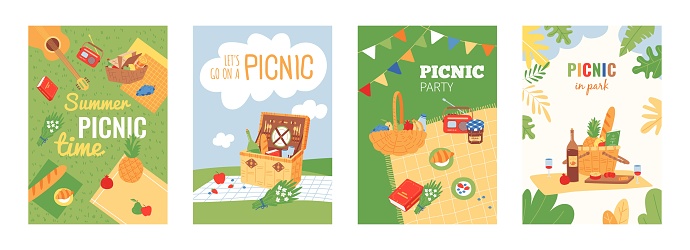 Summer garden picnic poster. Fun spring barbecue party, romantic dating on nature with food and wine. Wicker basket, drinks and meal classy vector banner. Illustration of barbecue outdoor poster