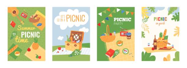 Summer garden picnic poster. Fun spring barbecue party, romantic dating on nature with food and wine. Wicker basket, drinks and meal classy vector banner Summer garden picnic poster. Fun spring barbecue party, romantic dating on nature with food and wine. Wicker basket, drinks and meal classy vector banner. Illustration of barbecue outdoor poster picnic stock illustrations