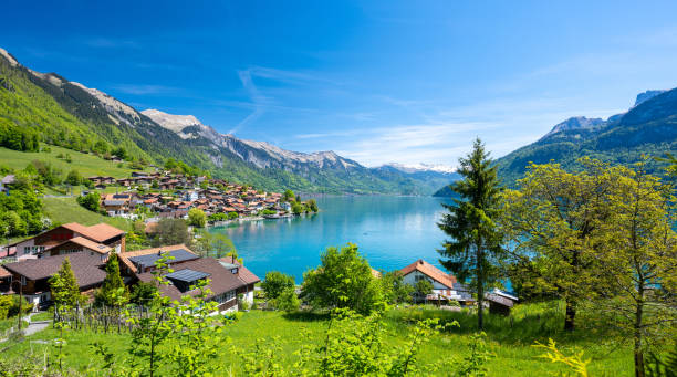 потрясающий вид на озеро бриенц в швейцарии - interlaken стоковые фото и изображения