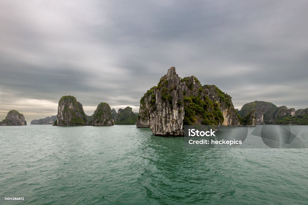 The island and rocks of the Ha Long Bay in Vietnam Aerial View Stock Photo