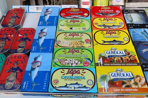 Shop display with canned sardines and other fish in Aveiro. Tinned fish is  part of traditional Portuguese cuisine since 1860s.