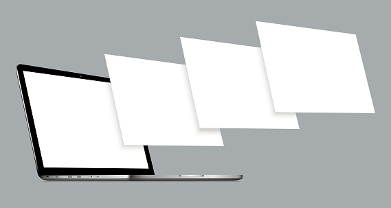 Laptop mockup with blank wireframing pages. Concept for showcasing web design projects.
