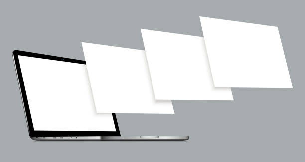 Laptop mockup with blank wireframing pages. Concept for showcasing web design projects. Laptop mockup with blank wireframing pages. Concept for showcasing web design projects. Vector illustration computer presentation stock illustrations