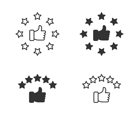 Hand with thumb up and stars rating icon. Customer review rating with stars and thumb-up. Vector illustration