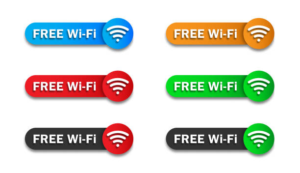 무료 와이파이 배너 설정. 레터링과 wi-fi 기호가있는 다채로운 배지. 플랫 벡터 일러스트레이션. - wifi zone stock illustrations